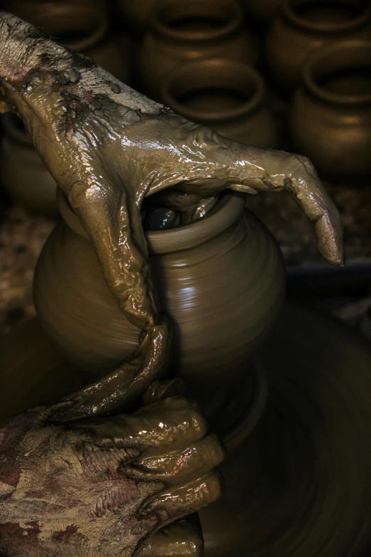 a person making a clay pot on a potter's wheel, a statue, inspired by Hendrik Gerritsz Pot, pexels contest winner, process art, photo of demon gollum, hands reaching for her, islamic, thumbnail