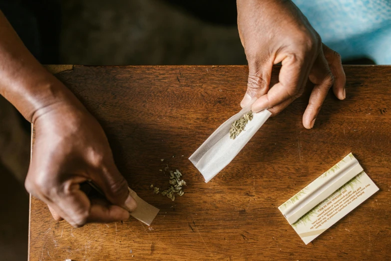 a person holding a piece of paper on top of a wooden table, smoking a joint, plant specimens, unmistakably kenyan, thumbnail