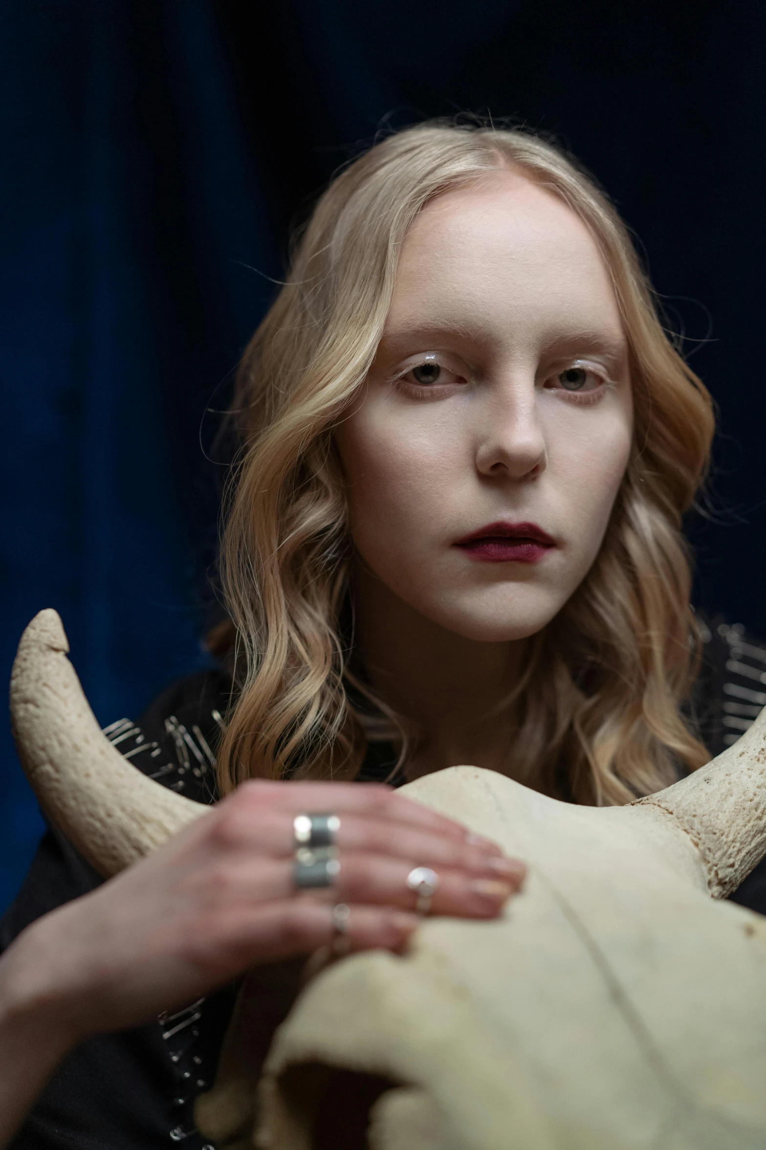 a close up of a person holding a cow skull, an album cover, inspired by Claude Cahun, featured on reddit, a full portrait of nordic female, horns!, pale skin curly blond hair, autochrome pearl portrait