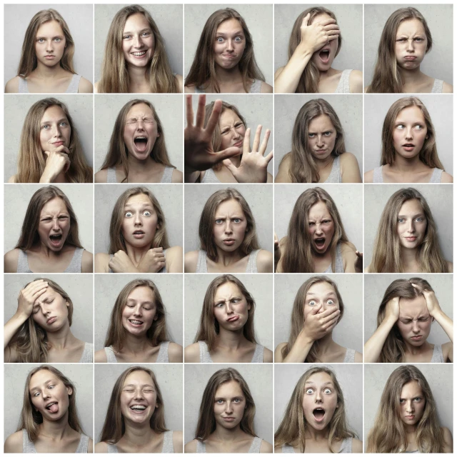 a collage of photos of a woman making faces, a picture, by Matija Jama, shutterstock, complex emotion, girl, square, college