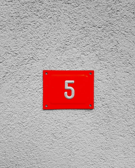 a red number five on a white wall, unsplash, metal plate photograph, ilustration, 5 - channel, square