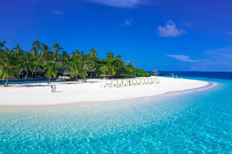 a white sandy beach surrounded by palm trees, visual art, helicopter view, maldives in background, award - winning, instagram post