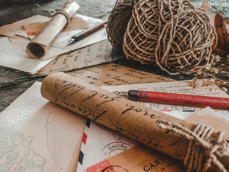 a bunch of papers sitting on top of a table, by Emma Andijewska, pexels contest winner, mail art, threads, brown, calligraphy, holiday