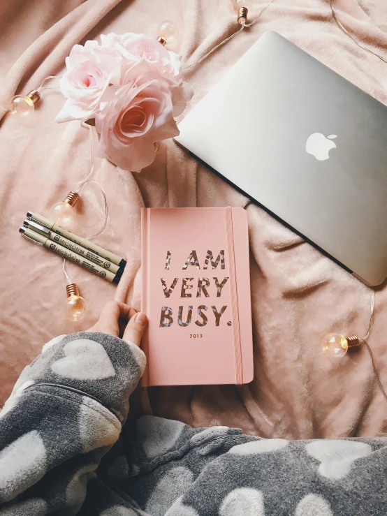 a pink book sitting on top of a bed next to a laptop, by Julia Pishtar, trending on pexels, motivation, full body pose, glittery, instagram story