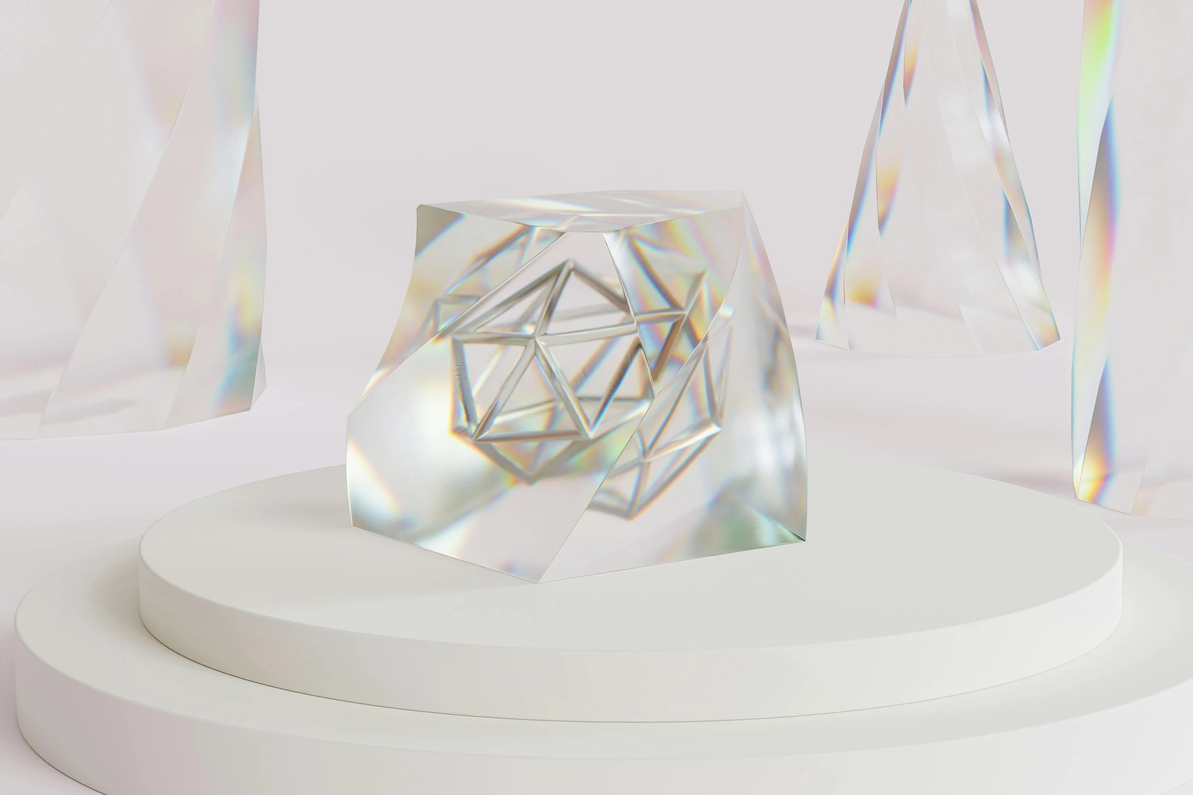 a crystal sculpture sitting on top of a white pedestal, an abstract sculpture, inspired by Buckminster Fuller, trending on polycount, crystal cubism, glossy flecks of iridescence, solid cube of light, detailed product image, clear curvy details