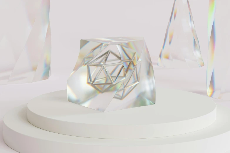 a crystal sculpture sitting on top of a white pedestal, an abstract sculpture, inspired by Buckminster Fuller, trending on polycount, crystal cubism, glossy flecks of iridescence, solid cube of light, detailed product image, clear curvy details