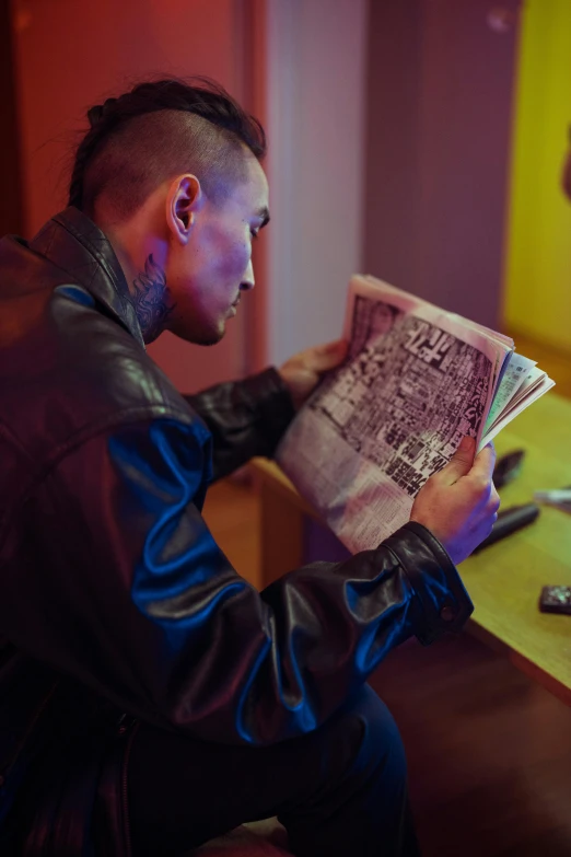 a man sitting at a table reading a newspaper, an album cover, by artist, trending on pexels, wearing cyberpunk leather jacket, tattooed, cash, asian man