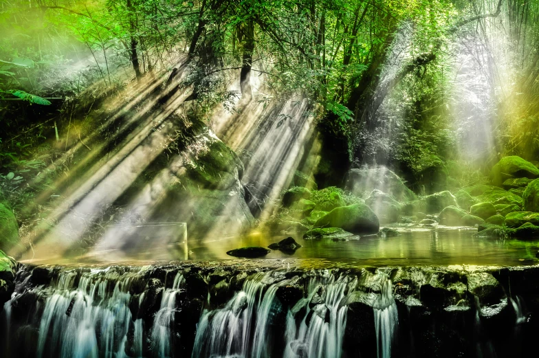 a waterfall in the middle of a lush green forest, a picture, by Mirko Rački, romanticism, rays of sunshine, ethereal lighting - h 640, fan favorite, award winning nature photograph