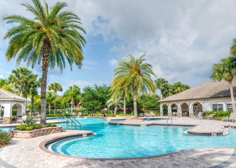 a large swimming pool surrounded by palm trees, by Lynn Pauley, pexels contest winner, florida, woodland village, very clean, well built