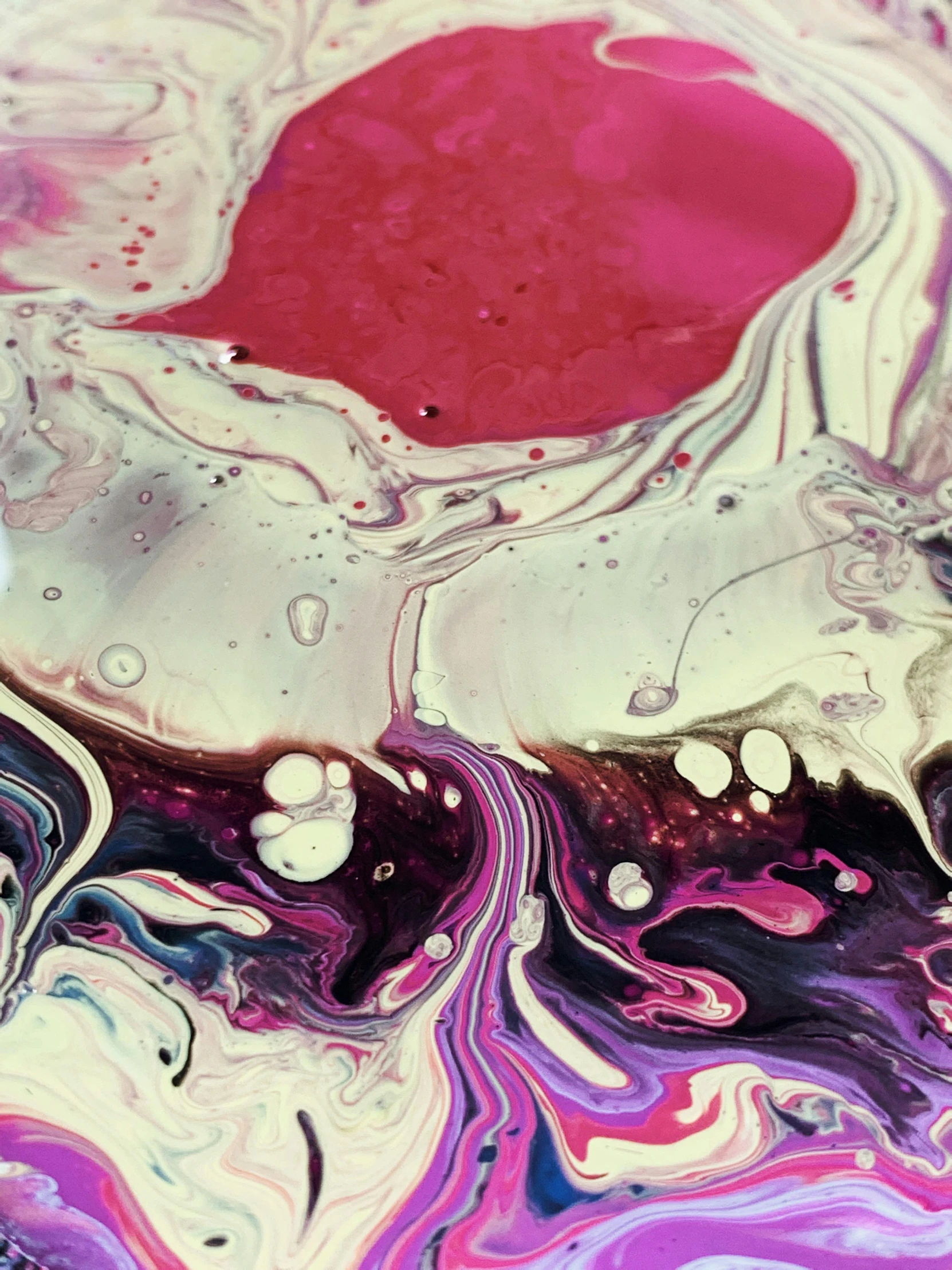 a close up of a liquid painting on a surface, inspired by Shōzō Shimamoto, trending on unsplash, purple and red, silver dechroic details, album cover, flowing milk