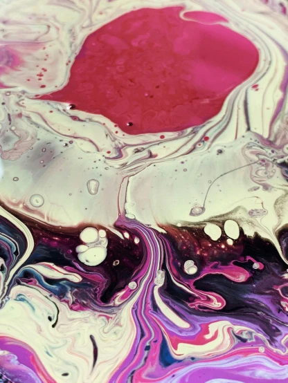 a close up of a liquid painting on a surface, inspired by Shōzō Shimamoto, trending on unsplash, purple and red, silver dechroic details, album cover, flowing milk