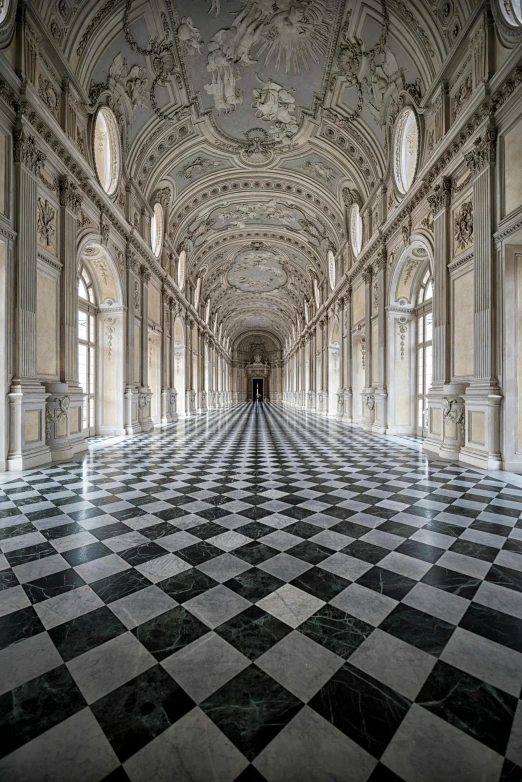 a long hallway with a black and white checkered floor, an album cover, inspired by Pierre Pellegrini, unsplash contest winner, baroque, palace of versailles, 2 5 6 x 2 5 6 pixels, rippling fabric of reality, yann arthus - bertrand