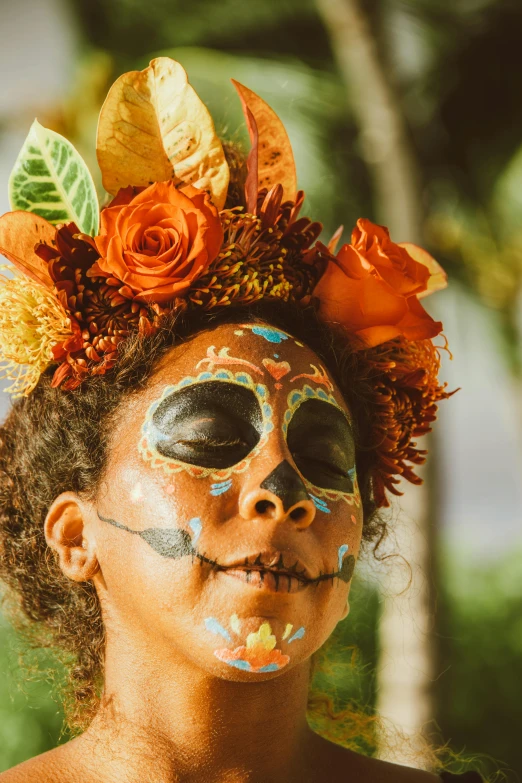 a woman with face paint and flowers on her head, slide show, dark skinned, october, moana