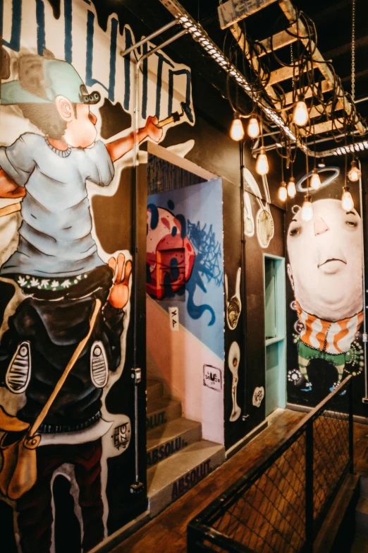 a mural on the side of a building, graffiti art, by NEVERCREW, trending on unsplash, tokyo izakaya scene, hallways, “pig, ron english and eiichiro oda