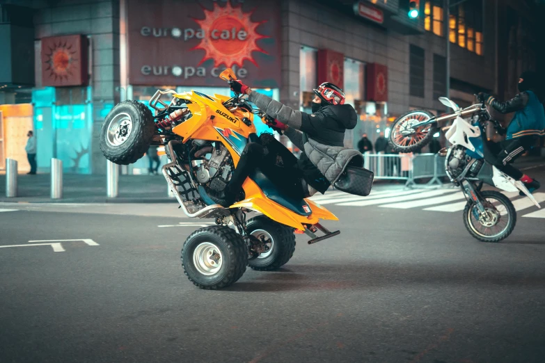 a couple of people riding on the back of motorcycles, pexels contest winner, photorealism, crazy racer spinning, vfx powers at night in the city, toy commercial photo, buggy