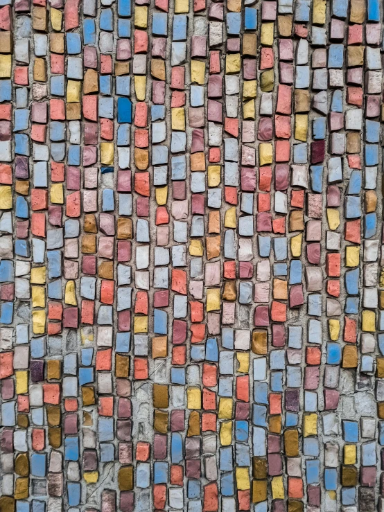 a red fire hydrant sitting in front of a brick wall, a mosaic, by Slava Raškaj, conceptual art, red yellow blue, detail texture, 144x144 canvas, multicoloured