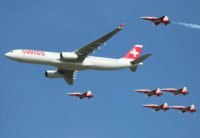 a group of jets flying through a blue sky, pexels contest winner, swiss, red and white, avatar image, maurizio cattelan