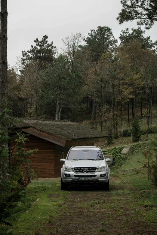 a car parked in front of a cabin in the woods, in spain, slide show, mercedez benz, shot from cinematic