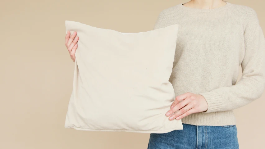 a woman holding a pillow in her hands, minimalism, ivory, front facing, uncrop, quick assembly