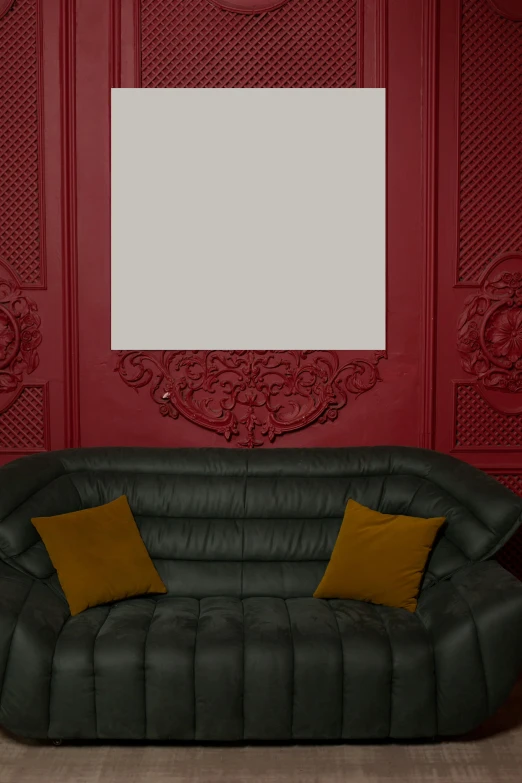 a black leather couch sitting in front of a red wall, inspired by Achille Leonardi, baroque, mirror texture, snapchat photo, panels, demur