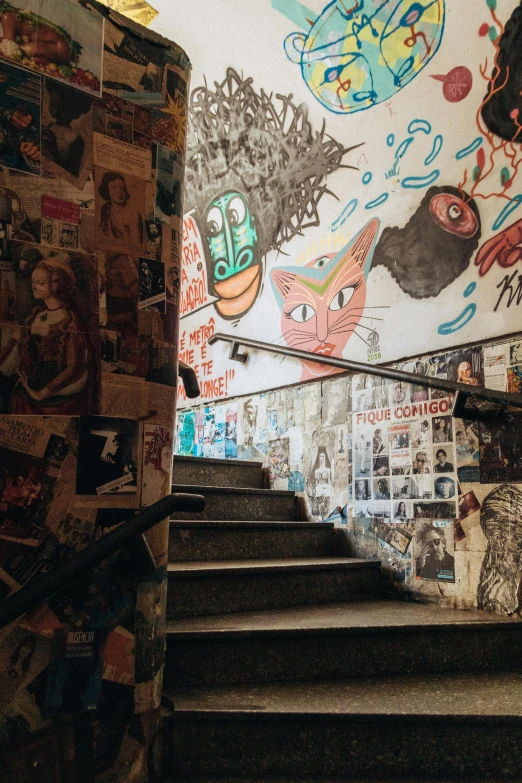 a man riding a skateboard up the side of a flight of stairs, underground comix, graffiti and posters on the wall, trending on vsco, cronenberg bookshop, paper collage