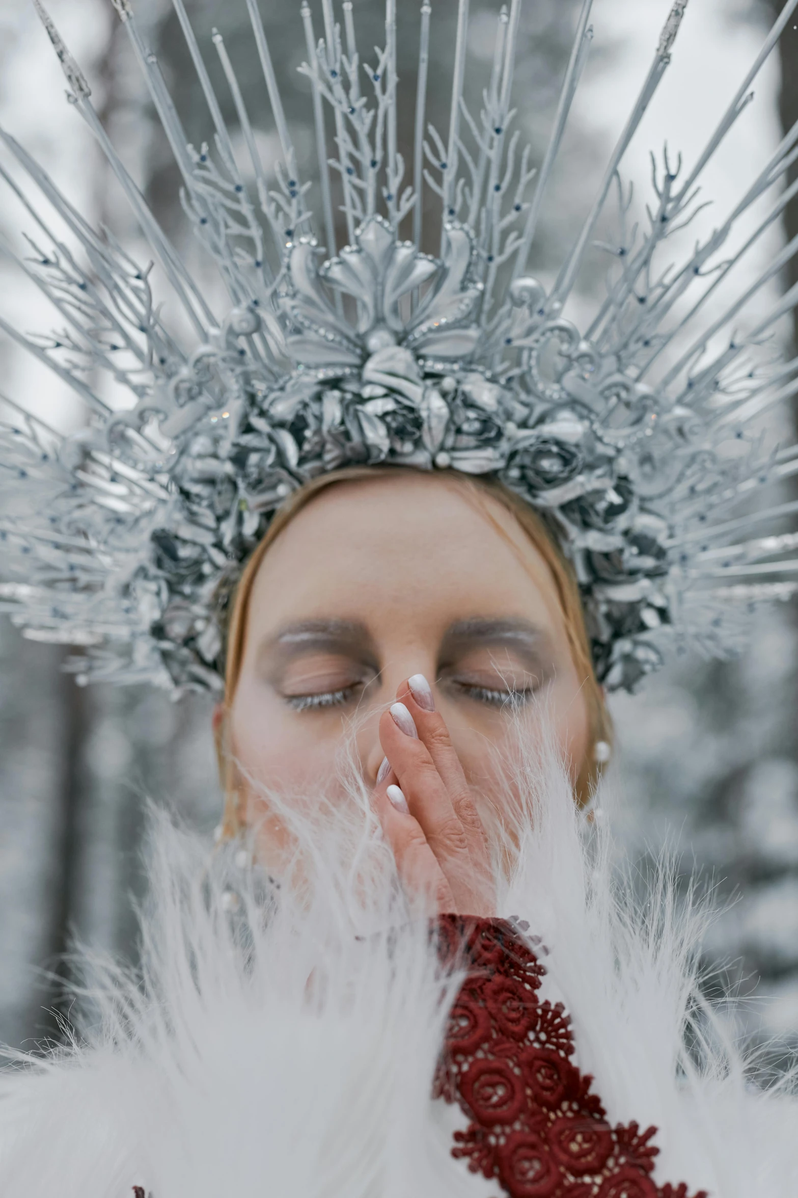 a woman with a crown on top of her head, inspired by karlkka, trending on unsplash, baroque, wearing ice crystals, russian temple, white and silver, still from film