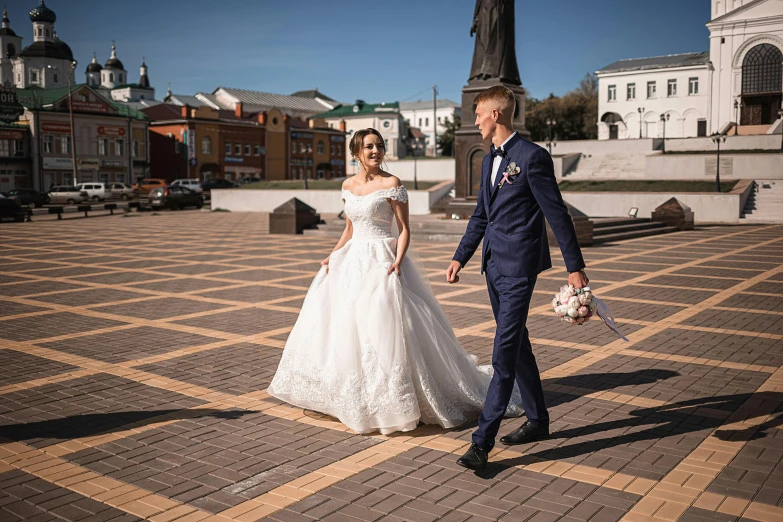 a bride and groom walking in a courtyard, pexels contest winner, kremlin, thumbnail, market square, kashin