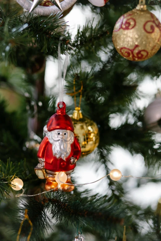 a close up of a christmas tree with ornaments, inspired by Ernest William Christmas, pexels, portrait of a gnome called eldon, glass bulbs, hi - res, 9