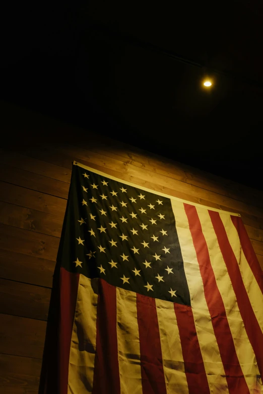 an american flag hanging on a wooden wall, an album cover, unsplash, low light museum, ( ( theatrical ) ), slide show, gold