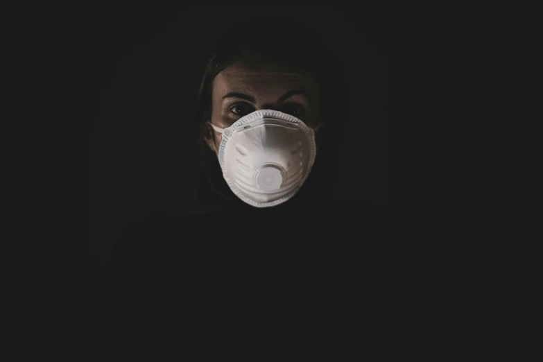 a woman wearing a face mask in the dark, pexels, dust mask, an scp anomalous object, avatar image, medicine