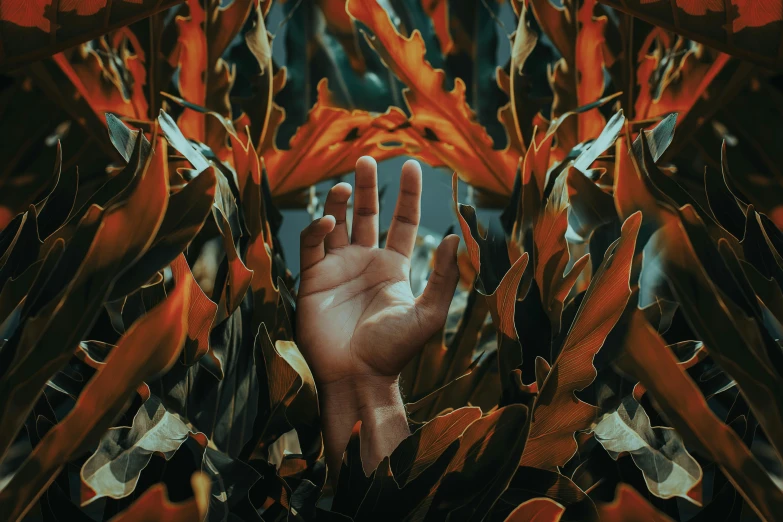 a close up of a person's hand surrounded by flowers, a surrealist painting, inspired by Elsa Bleda, pexels contest winner, orange tones, unsplash transparent fractal, hands up, leaves and magic