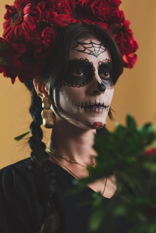 a woman with makeup and flowers in her hair, inspired by Frida Kahlo, pexels contest winner, portrait of grim reaper, promo image, holiday, mexican mustache