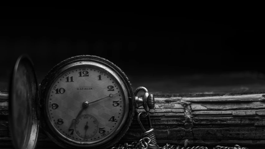 a pocket watch sitting on top of a piece of wood, a black and white photo, by Adam Marczyński, pexels contest winner, vanitas, a rustic album cover of a clock, time traveler, wallpaper - 1 0 2 4, end of day