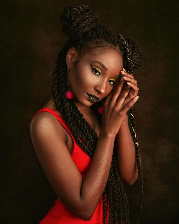 a woman in a red dress posing for a picture, by Lily Delissa Joseph, trending on pexels, afrofuturism, colorful pigtail, dark brown skin, good lighted photo, with textured hair and skin