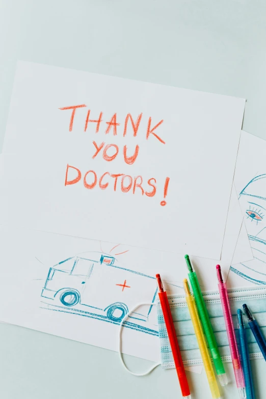 a note with the words thank you doctors written on it, a child's drawing, arbeitsrat für kunst, ambulance, on high-quality paper, colouring - in sheet, thumbnail