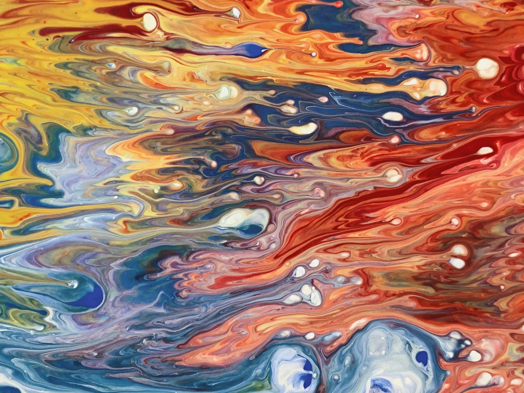 a close up of a painting of a body of water, inspired by Umberto Boccioni, reddit, swirls of fire, liquid marble fluid painting, red and blue reflections, oil on canva