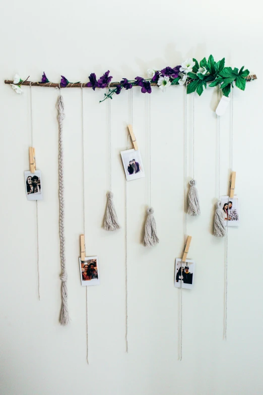 a picture hanging on a wall with clothes pins, inspired by McKendree Long, tassels, flowering vines, snapchat photo, product display