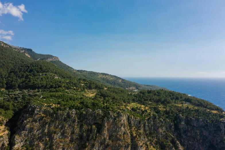 a view of the ocean from the top of a mountain, pexels contest winner, les nabis, in a mediterranean lanscape, mountain forest in background, high quality product image”, clear blue skies