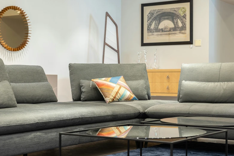 a living room with two couches and a coffee table, inspired by Albert Paris Gütersloh, unsplash, figuration libre, detail shot, show room scene, hr geiger design, 3 - piece