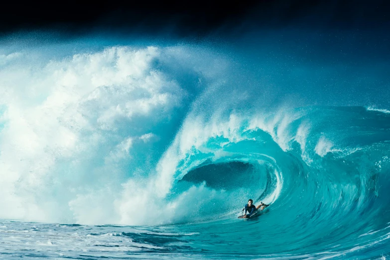 a man riding a wave on top of a surfboard, by Peter Churcher, unsplash contest winner, surrealism, blue crashing waves, epic 8 k, tubing, deep colours. ”