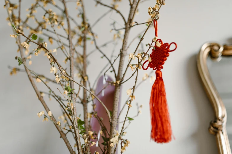 a vase filled with flowers next to a mirror, inspired by Qian Du, pexels contest winner, red intricate long braids, hanging from a tree, miniature product photo, orange details