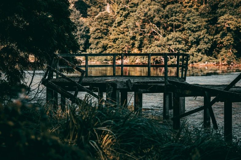 a wooden bridge over a body of water, inspired by Elsa Bleda, unsplash, australian tonalism, everything seems abandoned, in a park and next to a lake, instagram photo, instagram post