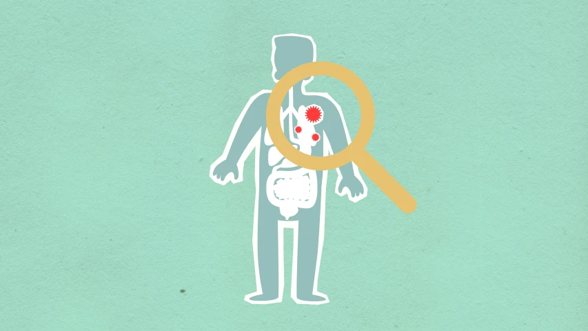 a drawing of a person holding a magnifying glass, tumours, chest high, spotted, zoomed out full body