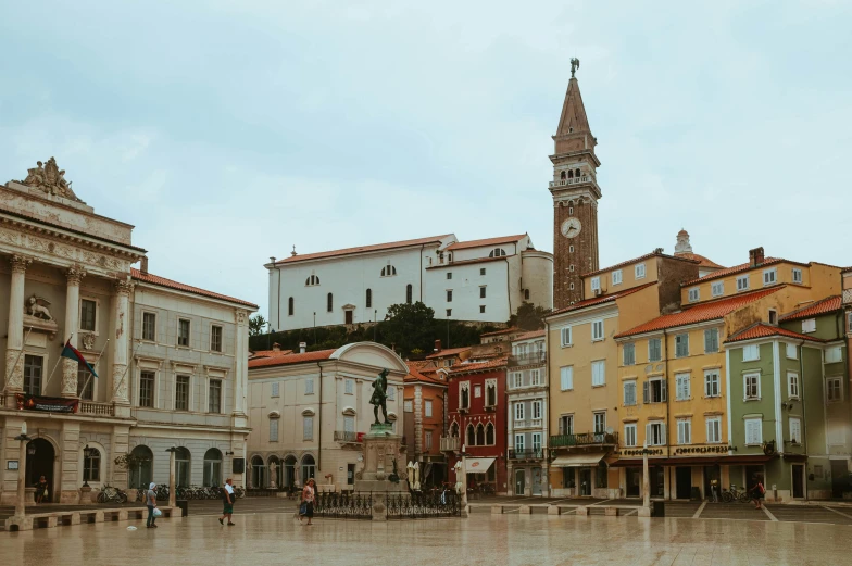 a city square with a clock tower in the background, pexels contest winner, renaissance, terrazzo, whitewashed buildings, bizzaro, thumbnail