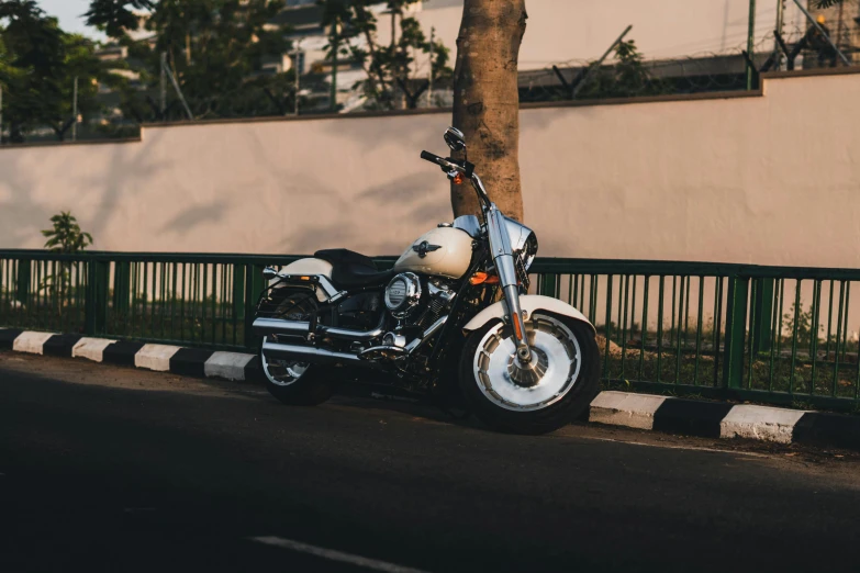 a motorcycle parked on the side of the road, white steel, profile image, manly, hd”