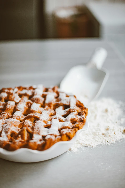 a pie sitting on top of a table covered in powdered sugar, pexels contest winner, lattice, 2 5 6 x 2 5 6 pixels, fall season, white