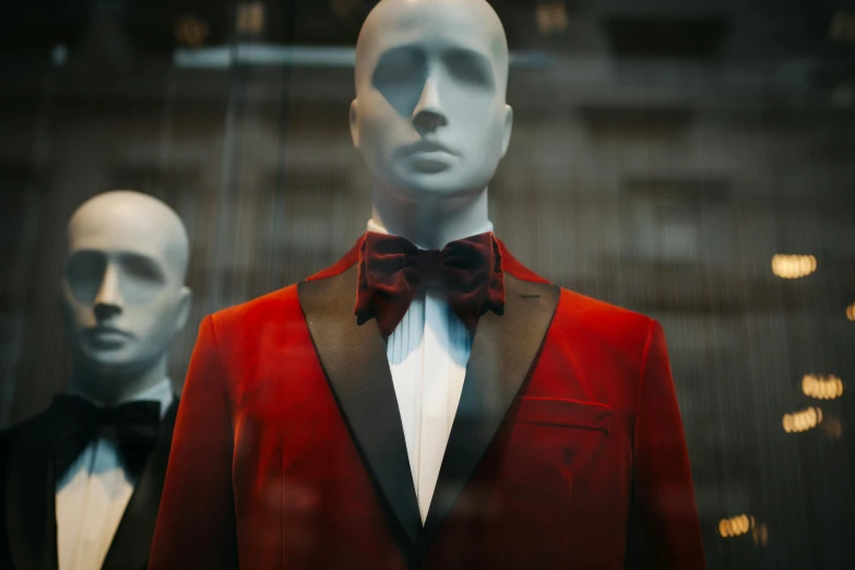 a male mannequin dressed in a tuxedo and a male mannequin dressed in a tuxedo, pexels contest winner, red uniform, glass face, avatar image, bow tie