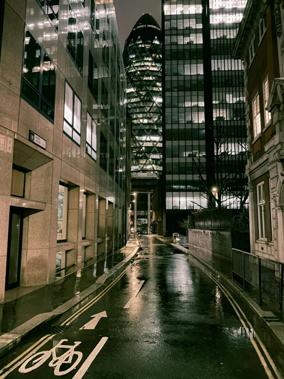 a city street at night with skyscrapers in the background, an album cover, inspired by Thomas Struth, pexels contest winner, dark wet london alley at night, empty streetscapes, late morning, futuristic street