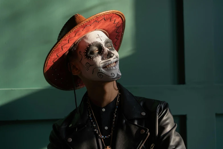 a close up of a person wearing a hat, pexels contest winner, lowbrow, ( el dia los muertos ), full body image, a handsome, makeup