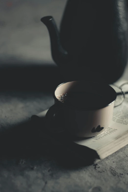 a teapot sitting on top of a newspaper next to a cup of coffee, a black and white photo, by Lucia Peka, pexels contest winner, romanticism, dark and muted colors, instagram post, an open book, dark face